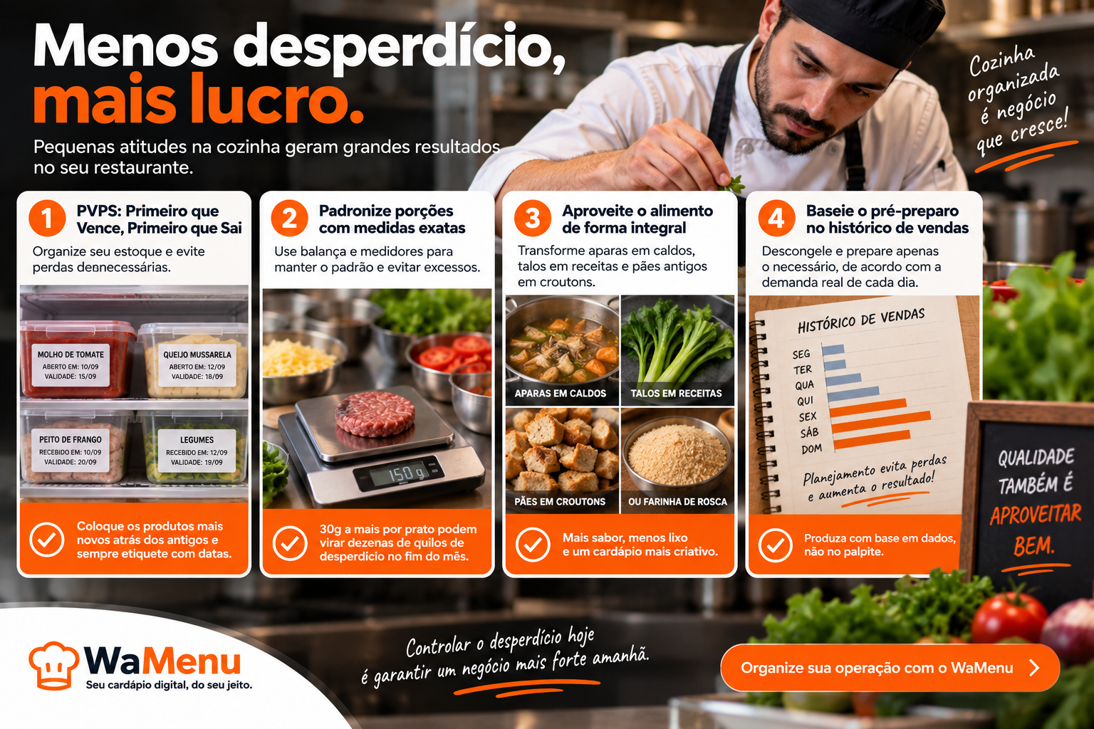Cozinha industrial organizada com recipientes plásticos etiquetados e alimentos porcionados em potes transparentes.