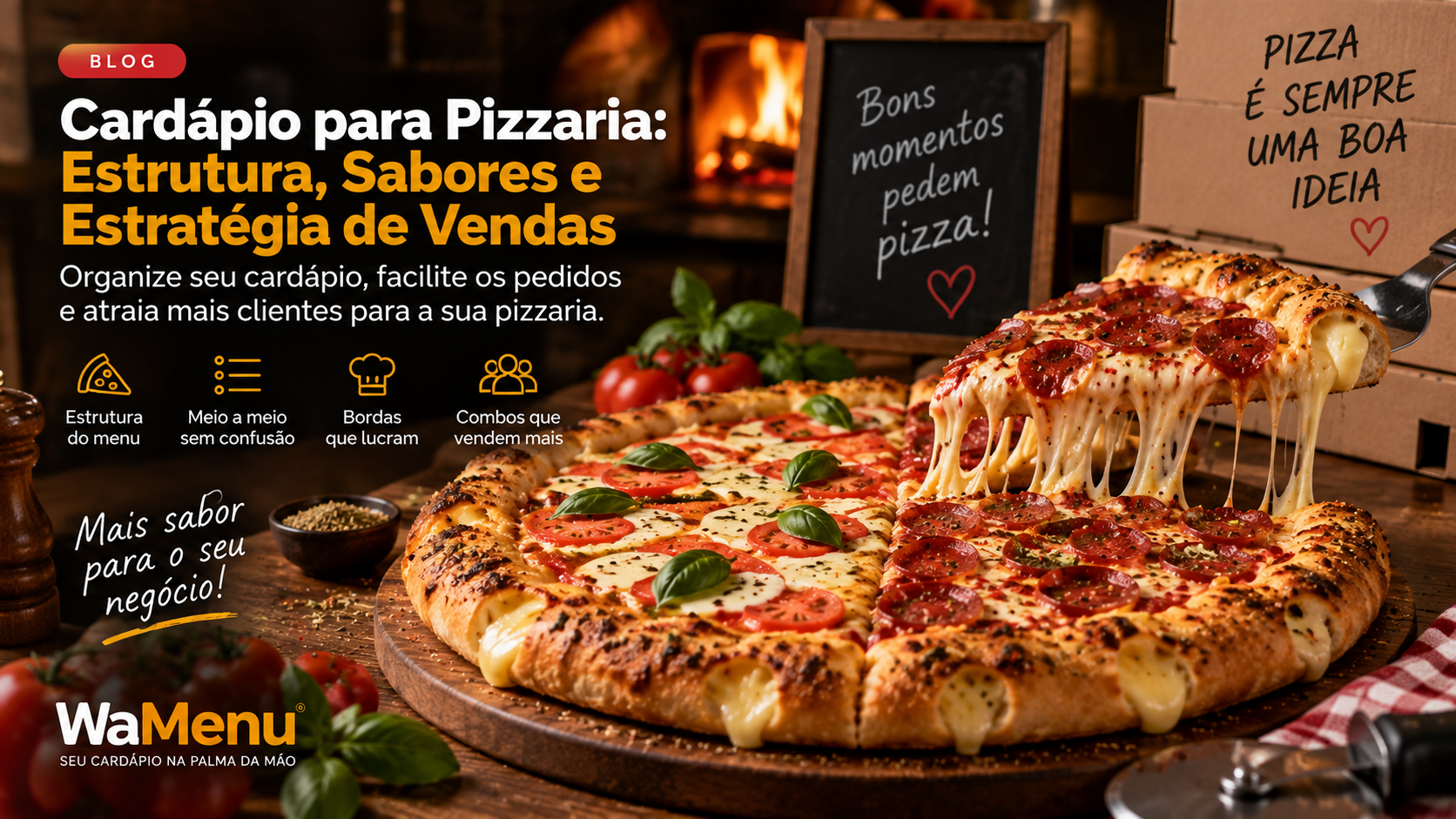 Pizza grande saindo do forno a lenha com fatia sendo levantada e queijo mussarela esticando.