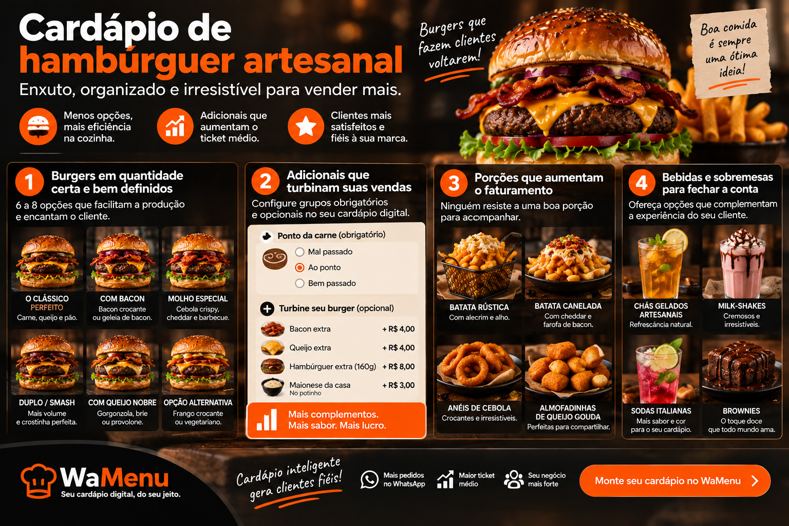 Hambúrguer artesanal duplo com queijo escorrendo, bacon crocante e porção de batatas rústicas ao lado.