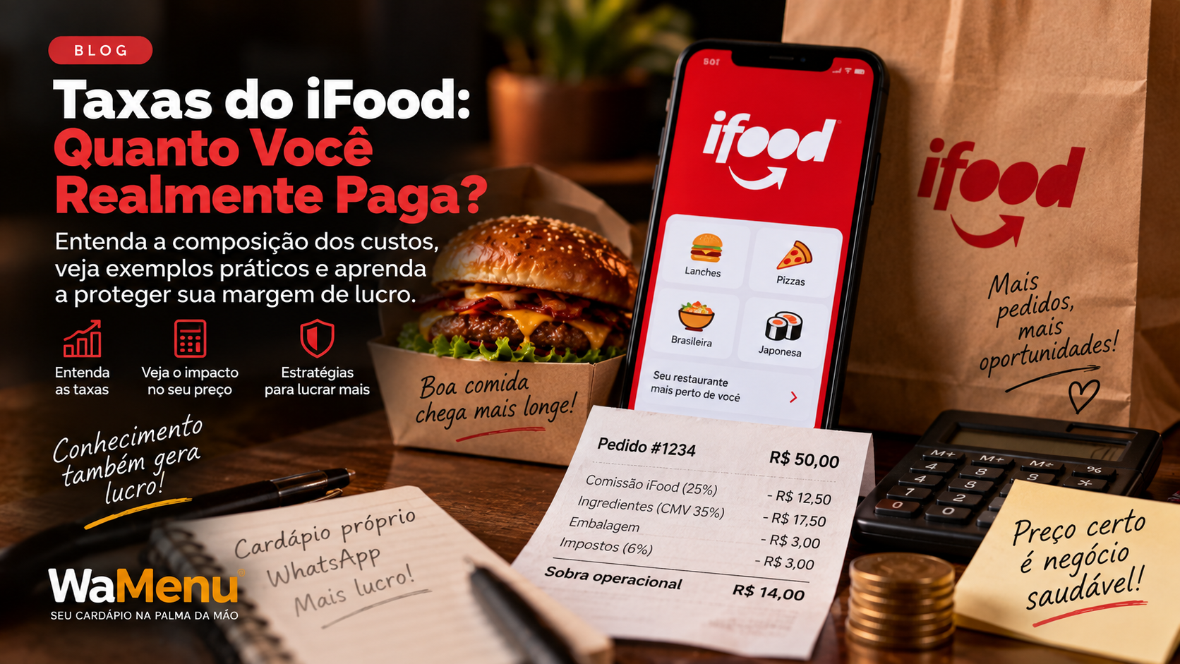 Calculadora e planilha financeira ao lado de tela de celular mostrando resumo de vendas de delivery.