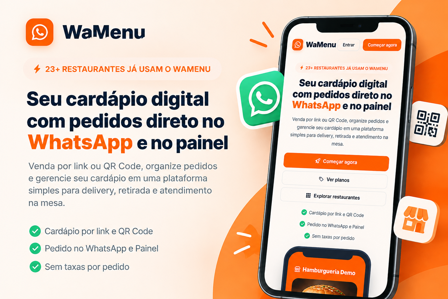 Restaurante utilizando o WaMenu como cardápio digital para receber pedidos online