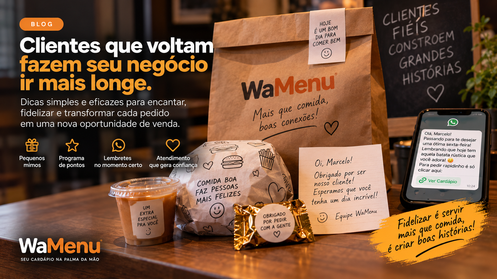 Sacola de entrega artesanal com bilhete simpático escrito à mão e doce brinde preso com mini pregador.