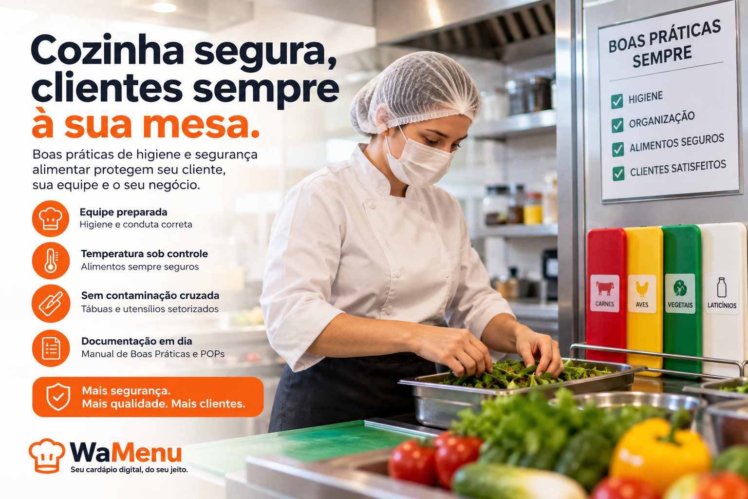 Cozinha profissional impecavelmente higienizada com bancadas de aço escovado e cozinheiro com luvas e touca.