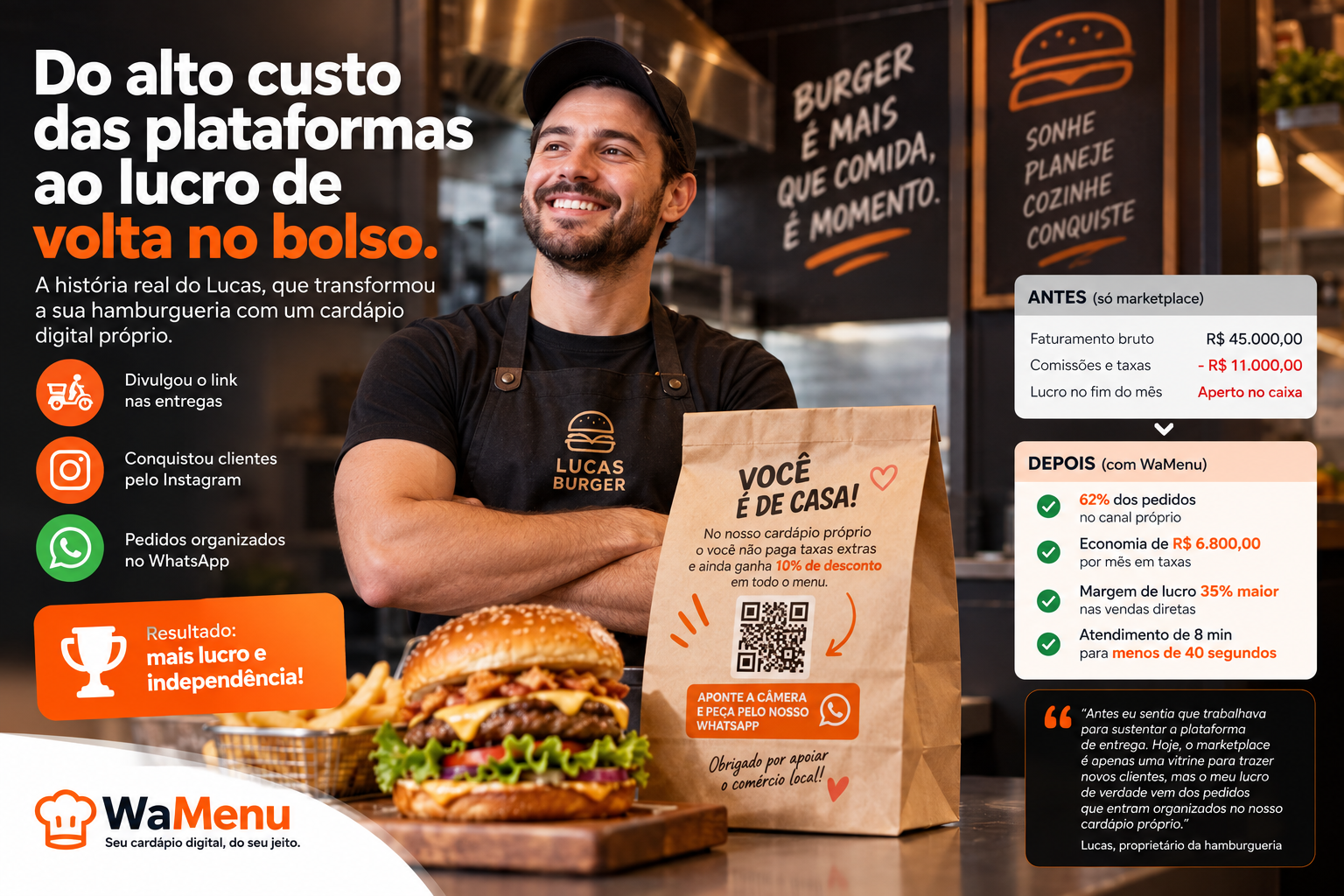 Proprietário sorridente em frente à sua hamburgueria artesanal segurando tablet com pedidos do dia.
