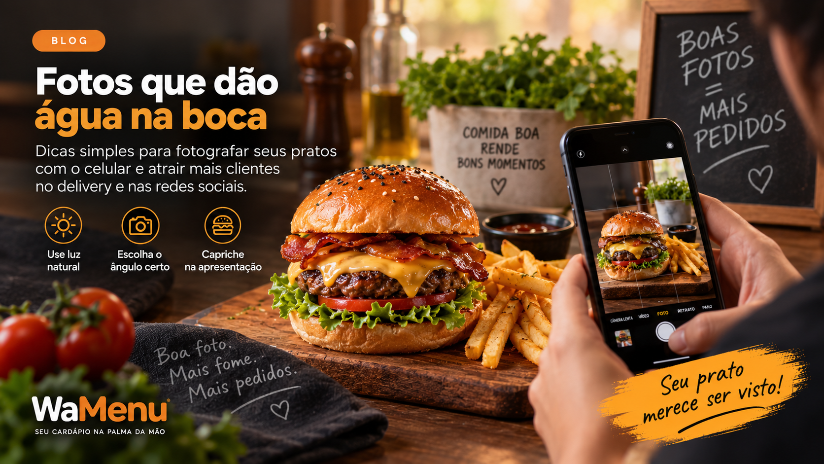 Pessoa fotografando hambúrguer artesanal suculento com celular próximo a uma janela iluminada.