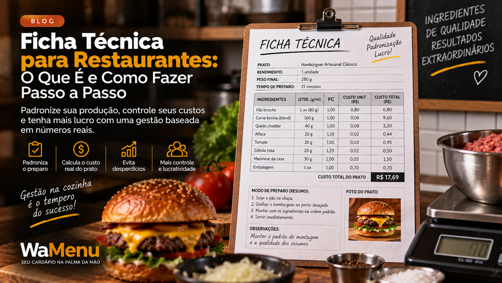 Cozinheiro profissional pesando ingredientes em balança digital com prancheta de ficha técnica ao lado.