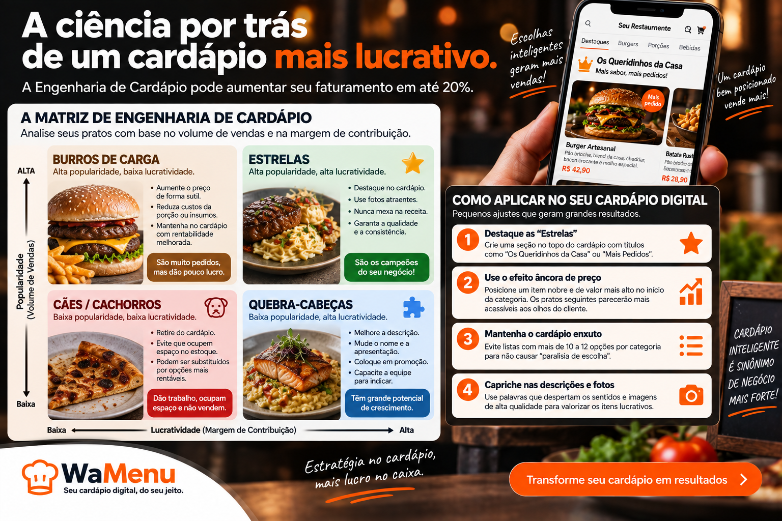 Gráfico da matriz de engenharia de cardápio com quadrantes de pratos estrelas, burros de carga, quebra-cabeças e cães.