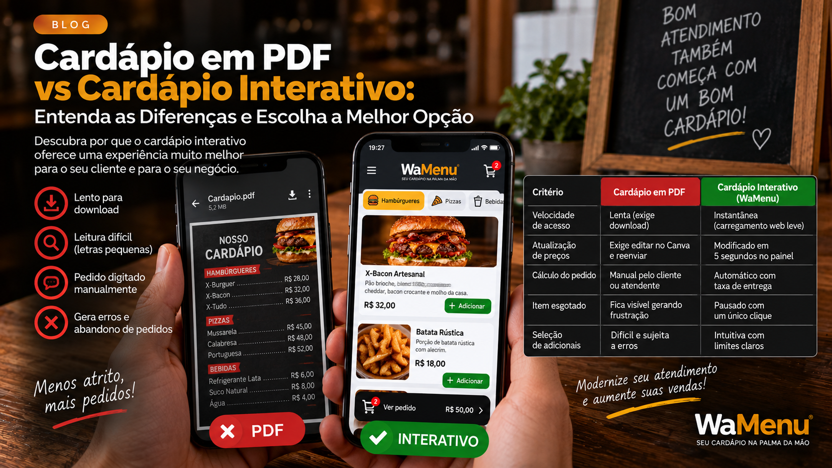 Comparação em tela de celular entre visualização de arquivo PDF com zoom difícil e cardápio digital interativo fluido.